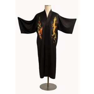 Golden Dragon Embroidered Satin Robe – Vintage Black Kimono with Dragon & Phoeni